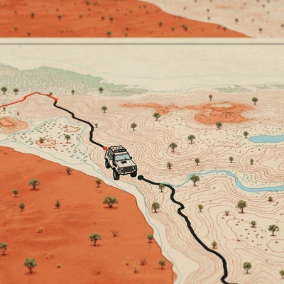 Detailed map showing off-road adventure route through Australian outback, with a 4x4 vehicle icon