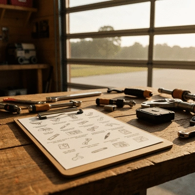 Off-road gear checklist on a clipboard with essential items like first aid kit, recovery gear, and water bottles, flat lay